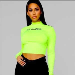 Fashion Nova long sleeve lime green “No Thanks” mock neck top size L